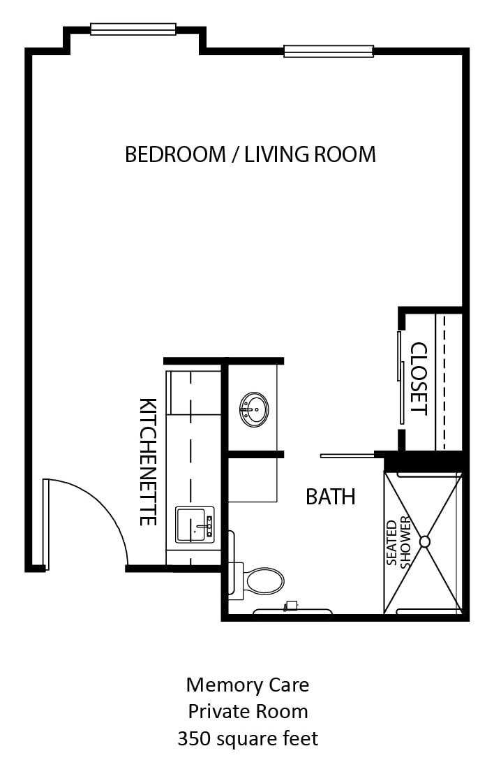 A floor plan of a studio apartment with a kitchenette, bath, and closet.