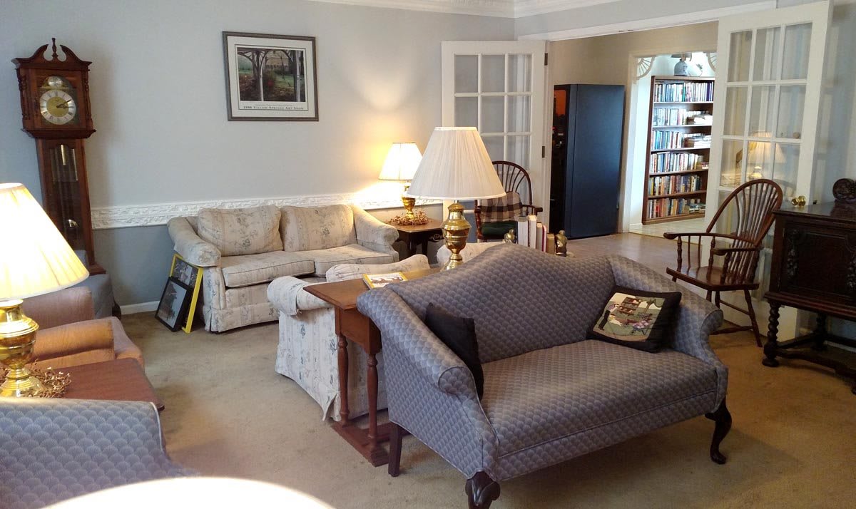 A cozy living room with sofas, a lamp, and a bookshelf.