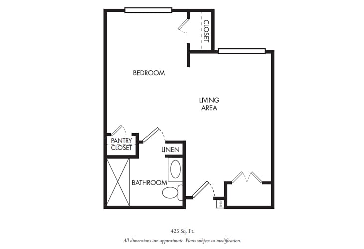 This is a floor plan of a one-bedroom apartment with a bathroom, living area, and closet space.