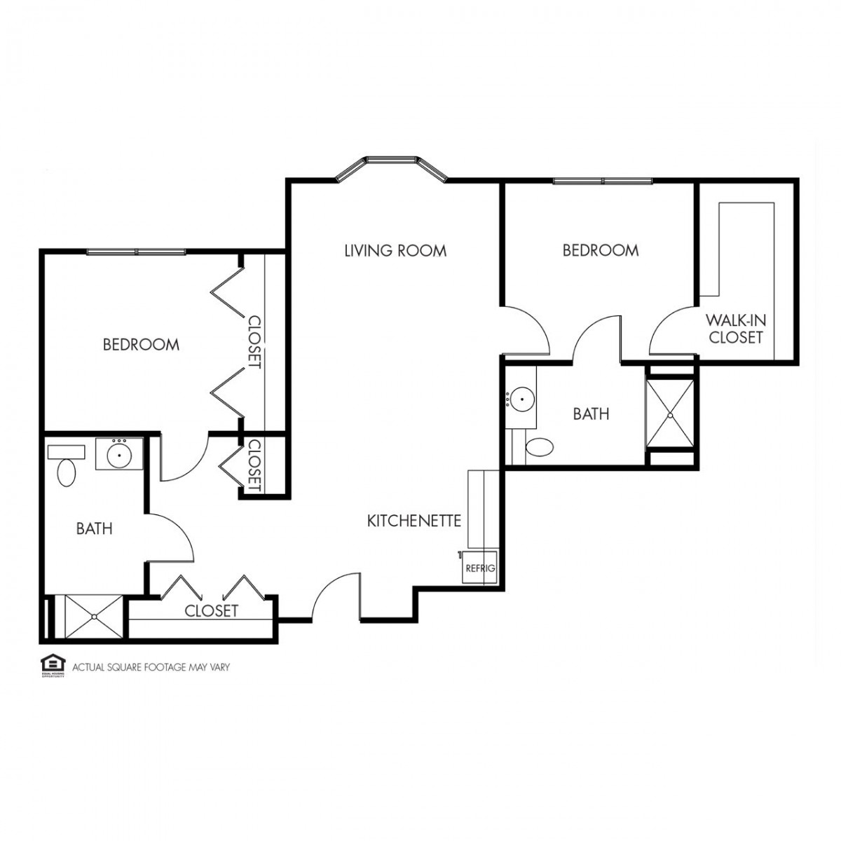 A blueprint of a two-bedroom apartment floor plan, illustrating the layout of rooms and amenities.