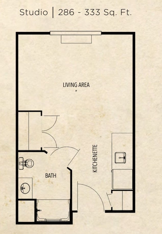 A floor plan of a studio apartment featuring a living area, kitchenette, and bathroom.