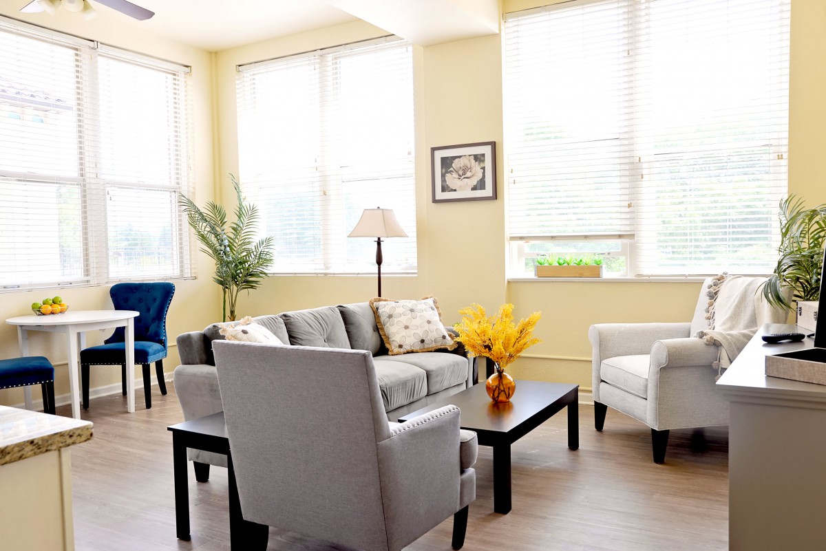 A bright and modern living room with comfortable seating and elegant decor.