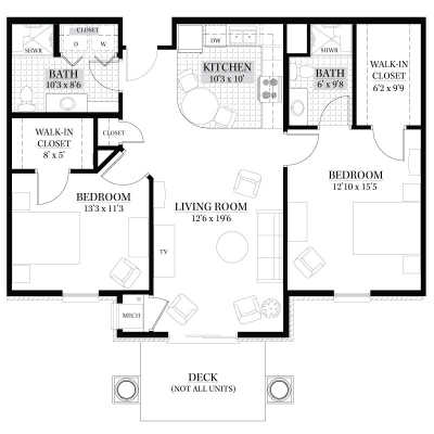 A detailed floor plan of a two-bedroom apartment, featuring a kitchen, living room, two bathrooms, and a deck.