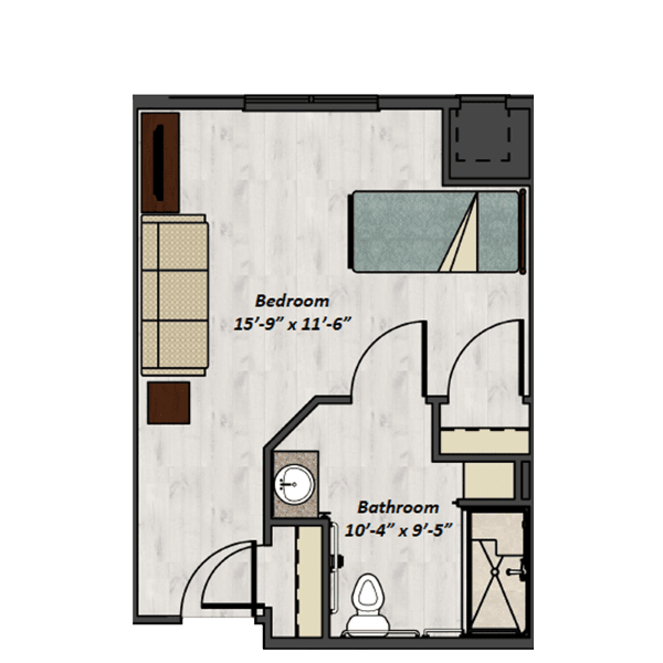 Studio apartment floor plan with designated living area and bathroom.