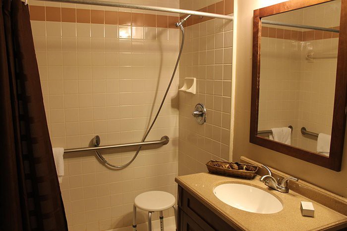 An accessible bathroom with a shower, sink, and mirror.