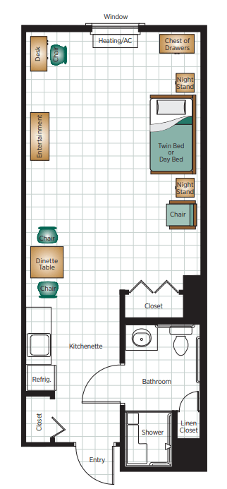 A floor plan of a studio apartment with designated areas for a kitchen, bathroom, bed, and table.