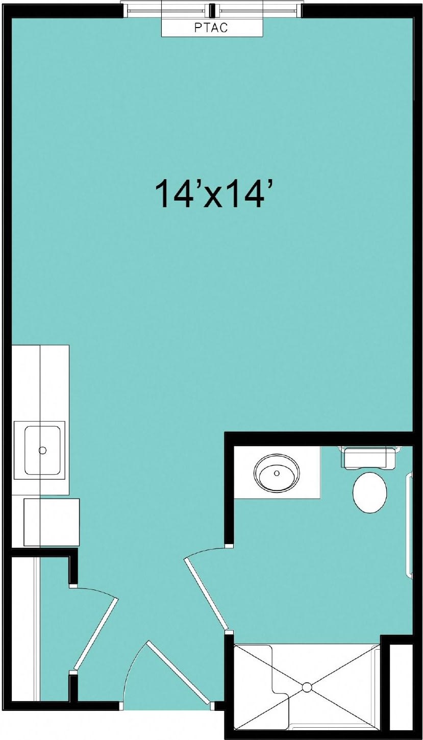 A floor plan depicting a 14'x14' room with an adjacent bathroom and kitchen area.