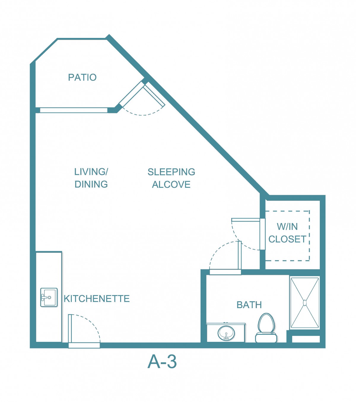 Floor plan of a studio apartment with living/dining area, kitchenette, sleeping alcove, bath, and patio.