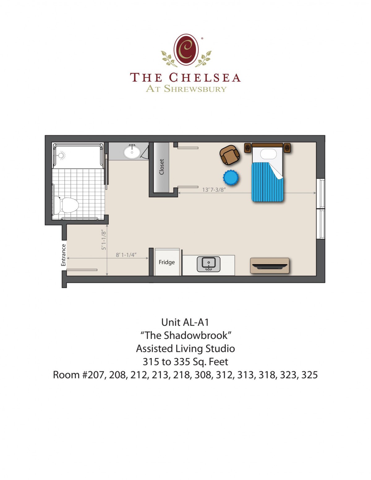 Floor plan of 'The Wanderlust' studio apartment at The Chelsea, depicting an efficient living space.