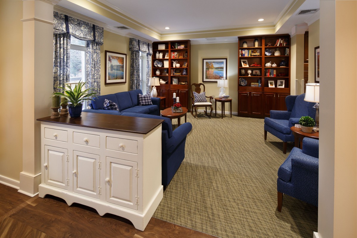 A cozy living room featuring blue sofas, bookshelves, and elegant decor.