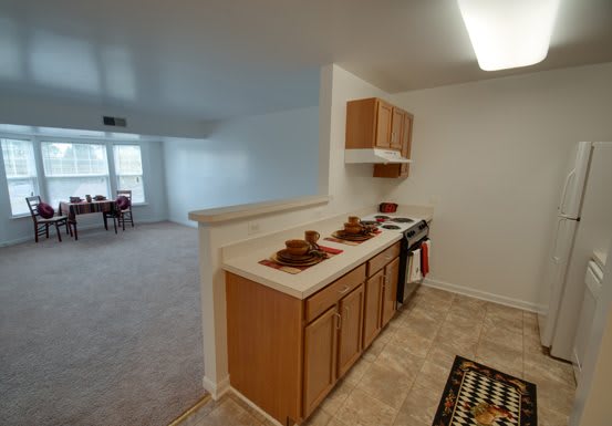 An open kitchen with wood cabinets and a view into the living area.