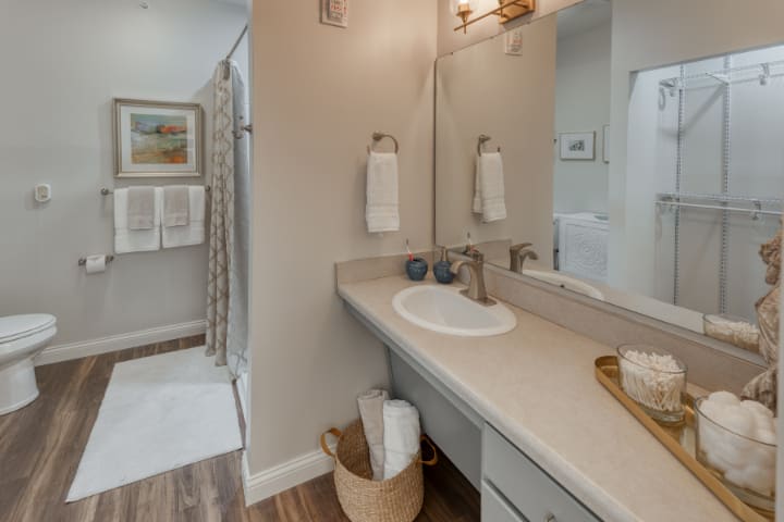A neatly organized bathroom with a vanity sink, mirror, and shower area.