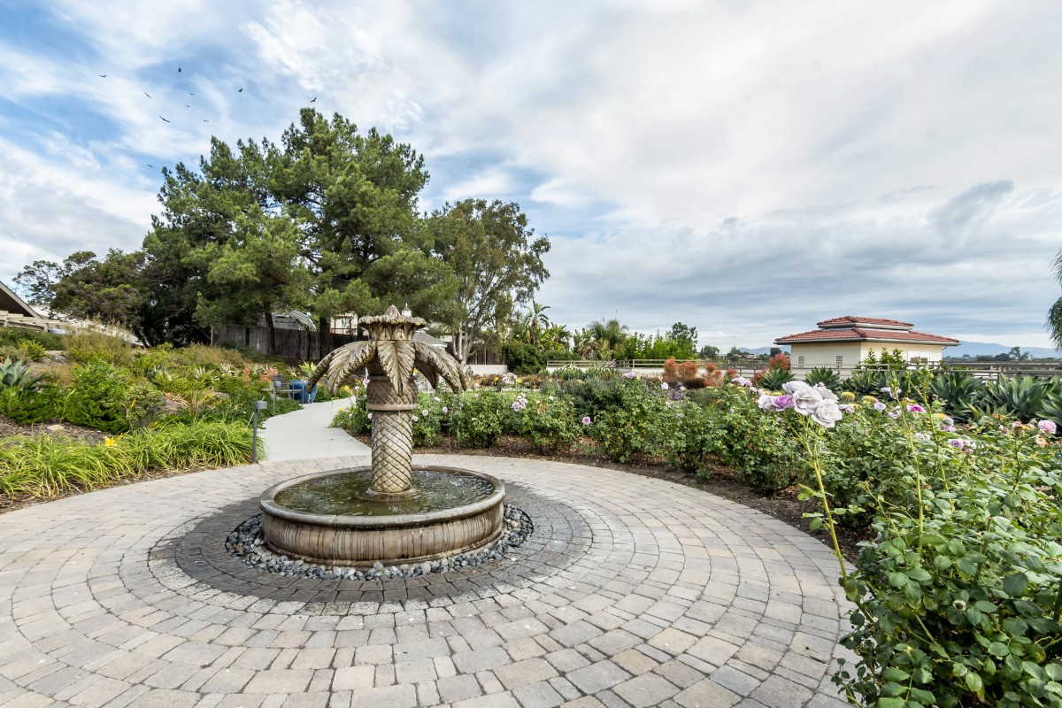A scenic garden with a central stone fountain and surrounding greenery.