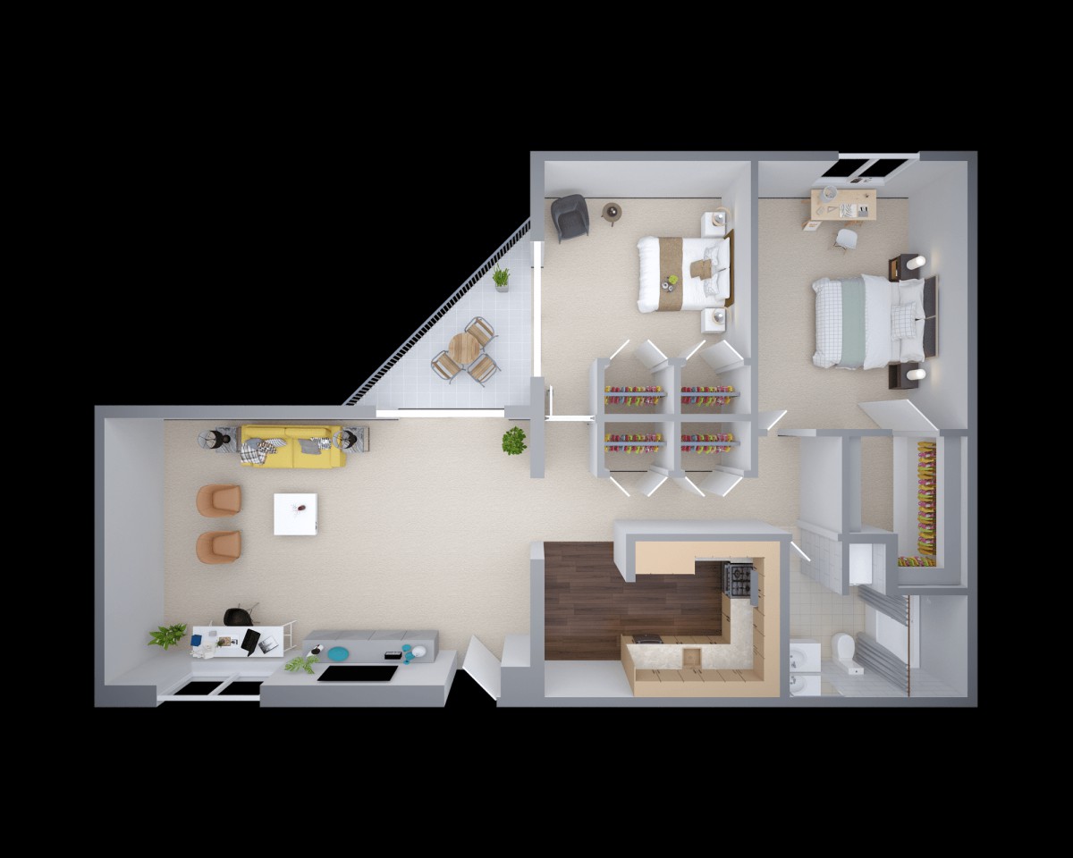 A detailed floor plan of a modern apartment, featuring a spacious living room, a bedroom, and an open kitchen with a dining area.