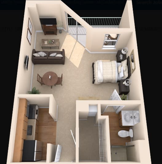 A 3D floor plan of a compact one-bedroom apartment with an open living and dining area.