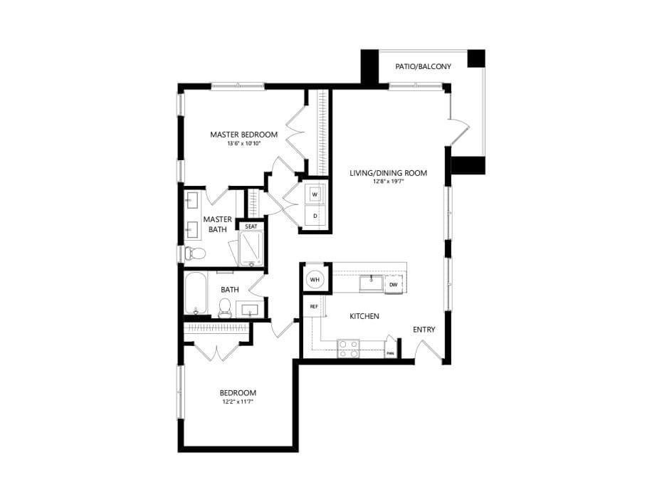 A floor plan of a two-bedroom apartment with a kitchen, living/dining area, and two bathrooms.
