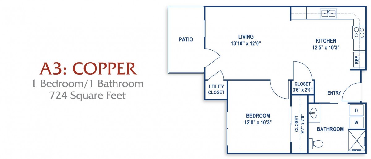 One-bedroom apartment floor plan with living area, patio, and utility closet.