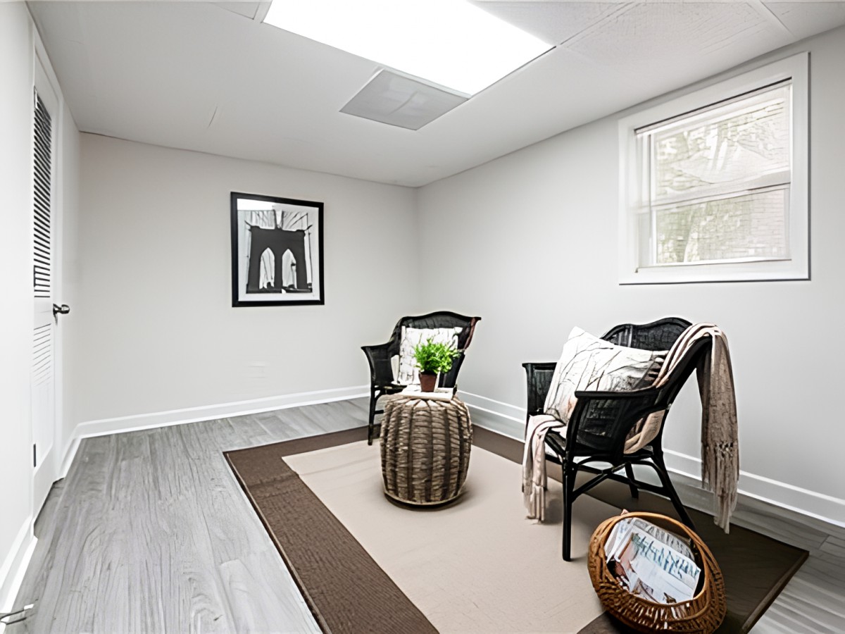 A minimalist room with two chairs, an indoor plant on a small table, and framed artwork on the wall.