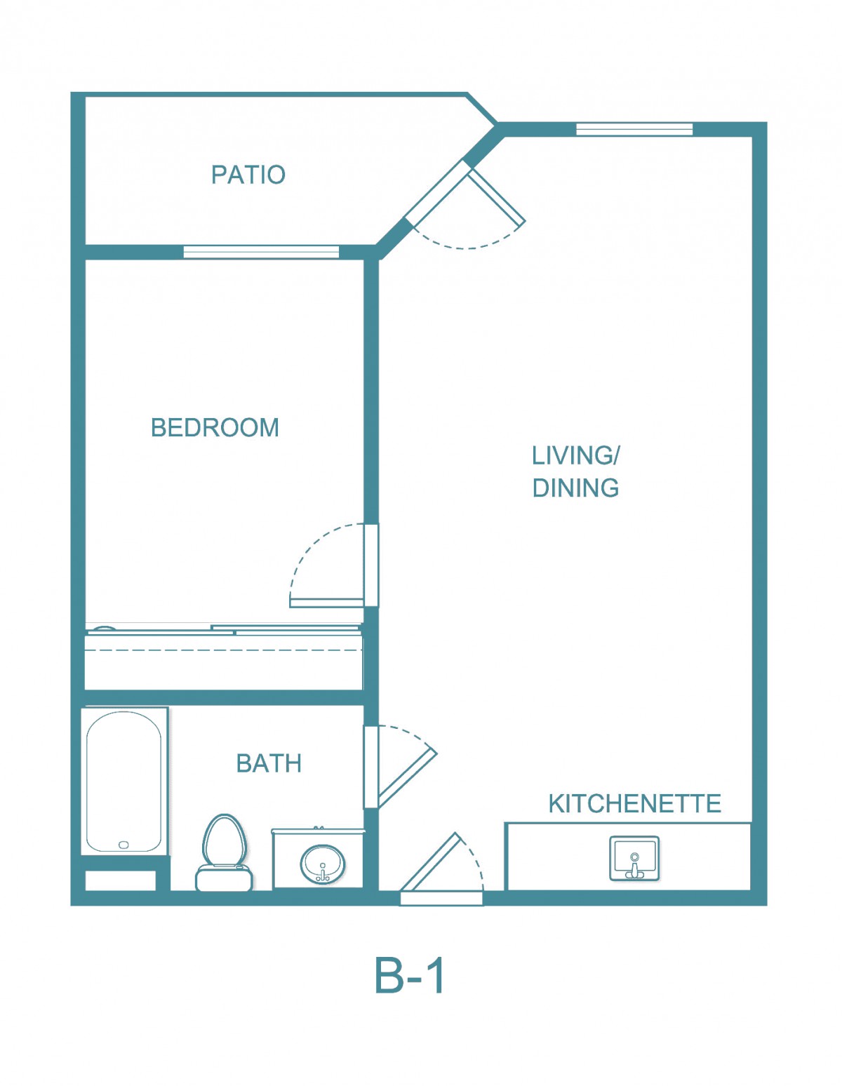 A floor plan of a one-bedroom apartment featuring a living/dining area, kitchenette, bathroom, bedroom, and patio.