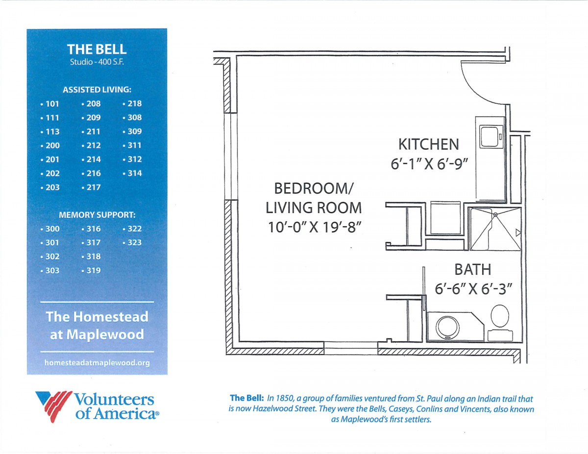 Studio apartment floor plan with combined bedroom and living room, kitchen, and bathroom.