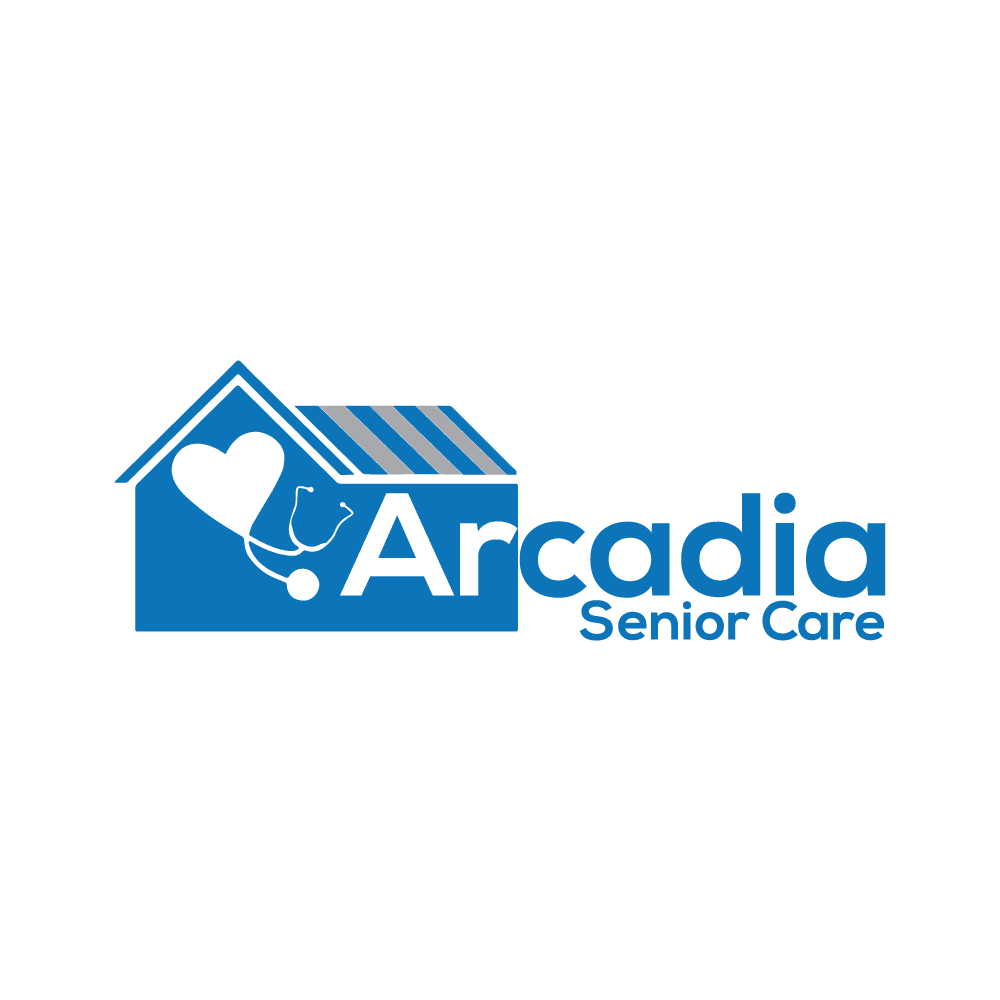 Logo for Arcadia Senior Care featuring a house, heart, and stethoscope.