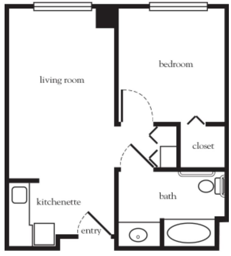 A floor plan of a one-bedroom apartment with a living room, kitchenette, bathroom, and closet.