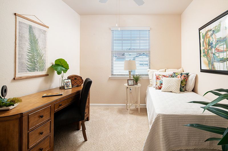 A cozy bedroom with a desk and chair, featuring decorative pillows and an indoor plant.