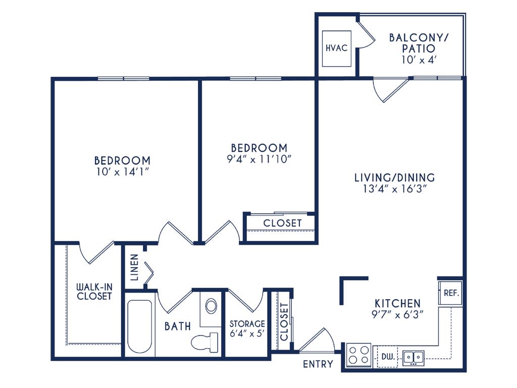 A blueprint of a two-bedroom apartment with labeled rooms and dimensions.
