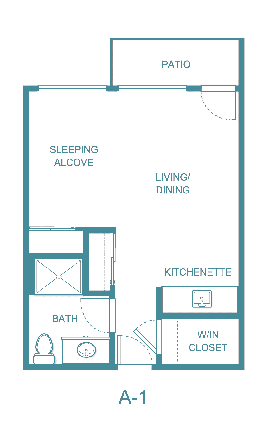 Studio apartment floor plan with sleeping alcove and kitchenette.