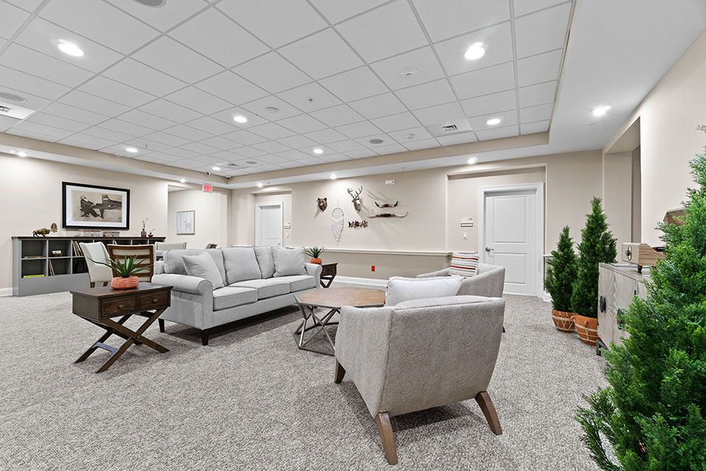 A stylish and cozy living room with modern furniture and soft lighting.
