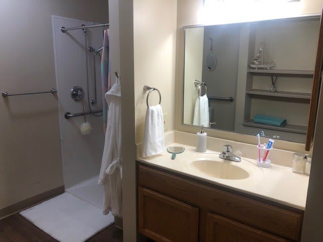 A bathroom with a sink, mirror, and adjacent shower area.