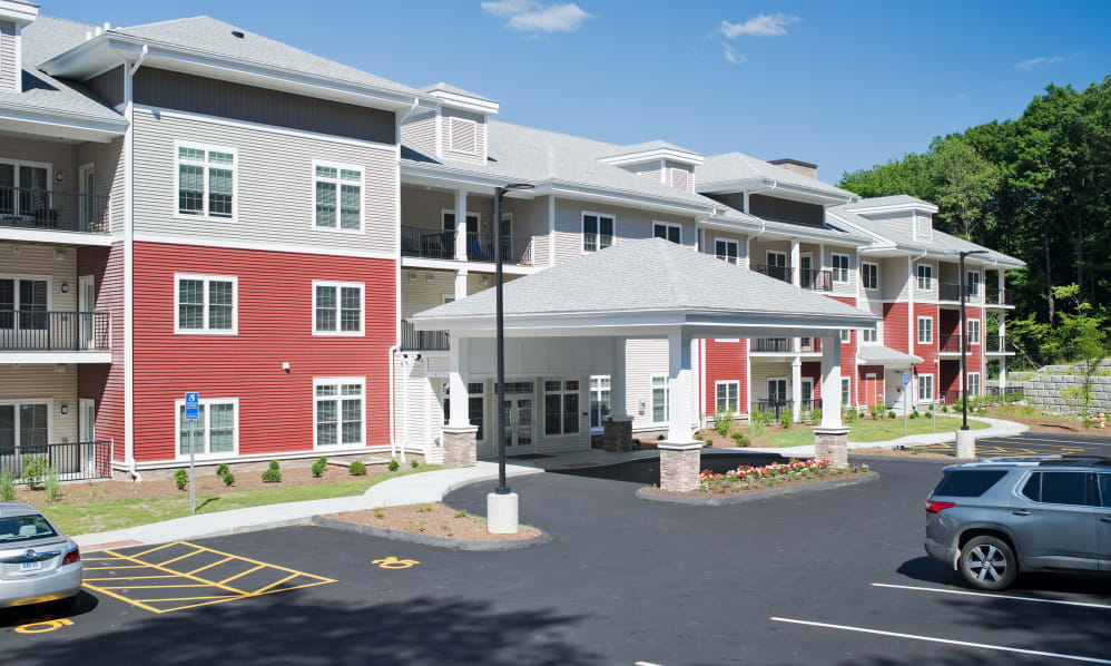 A modern residential apartment building with a welcoming entrance.