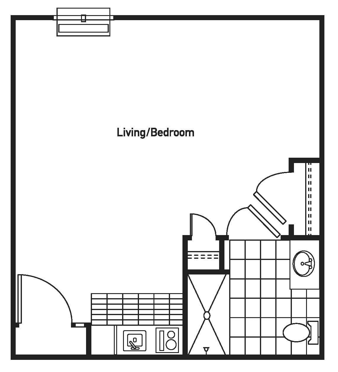 A floor plan of a studio apartment showing the living/bedroom area and a bathroom.