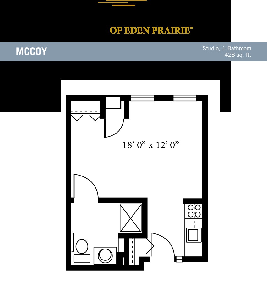 Studio apartment floor plan layout showing a compact living space.