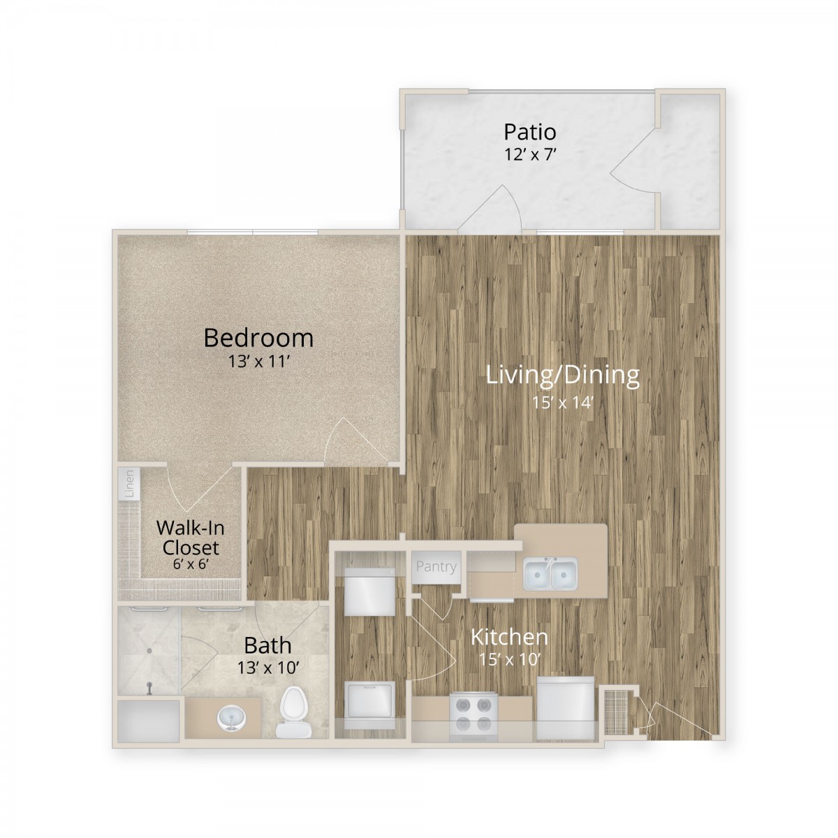 A floor plan of a one-bedroom apartment featuring a living room, kitchen, bathroom, and patio.