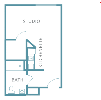 Studio apartment floor plan with kitchenette and bathroom.