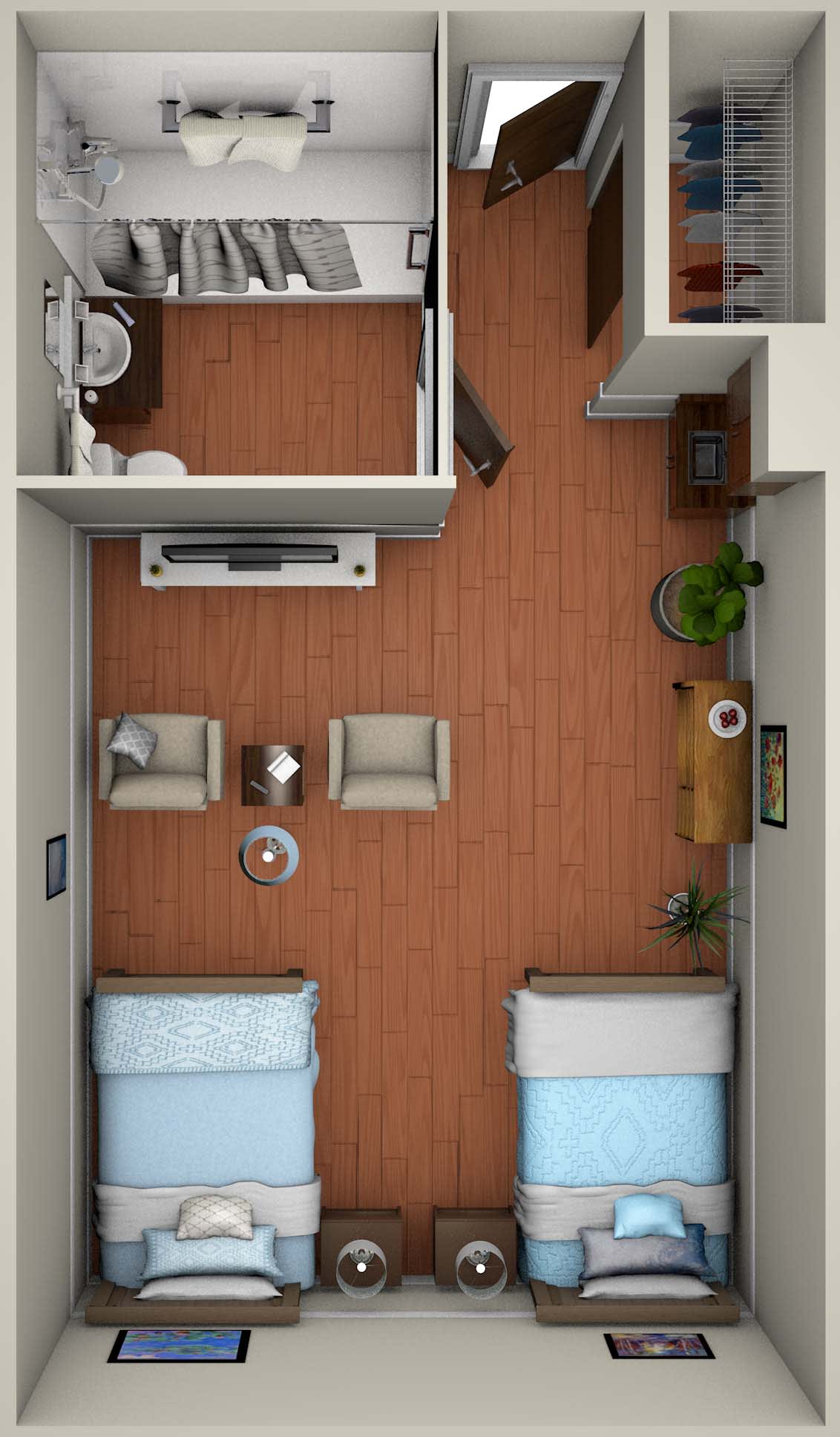 A top-down view of a bedroom floor plan featuring two beds, seating area, and various furnishings.