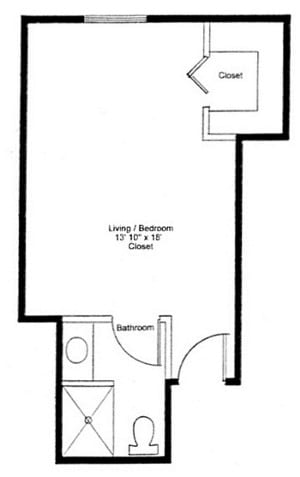 A floor plan of a studio apartment featuring a combined living and bedroom area with an attached bathroom.