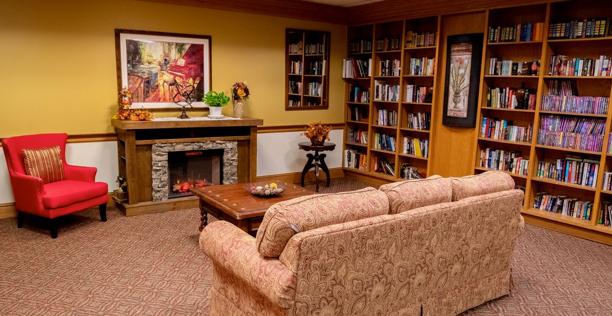 A cozy living room with a sofa, bookshelves, a fireplace, and artwork on the wall.