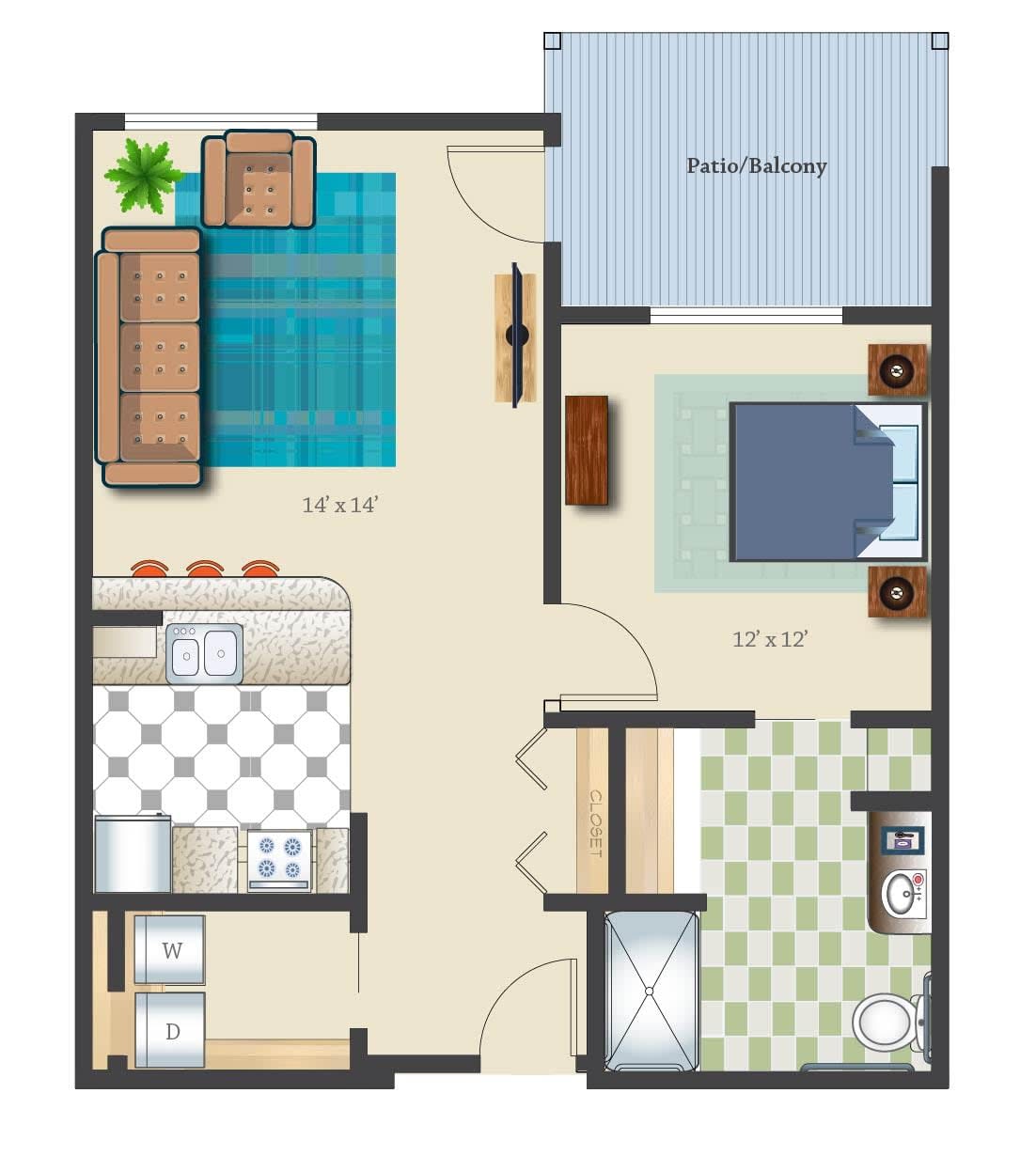 A simple and functional apartment floor plan with a bedroom, living area, kitchen, and bathroom.