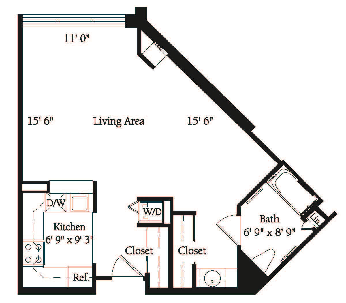 A floor plan of an apartment showing the layout with a living area, kitchen, bathroom, and closets.