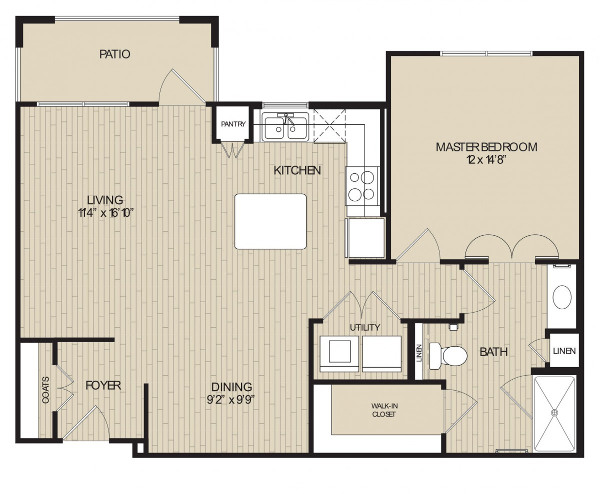 A detailed floor plan of an apartment showing the layout of rooms including a master bedroom, kitchen, living room, and dining area.