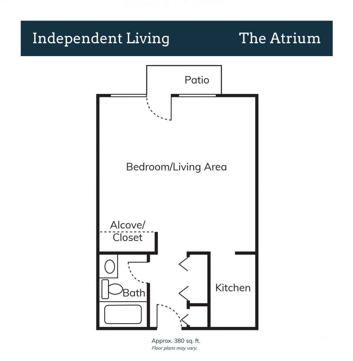 Floor plan of 'The Atrium' independent living space, featuring a combined bedroom and living area, kitchen, bathroom, closet, and patio.