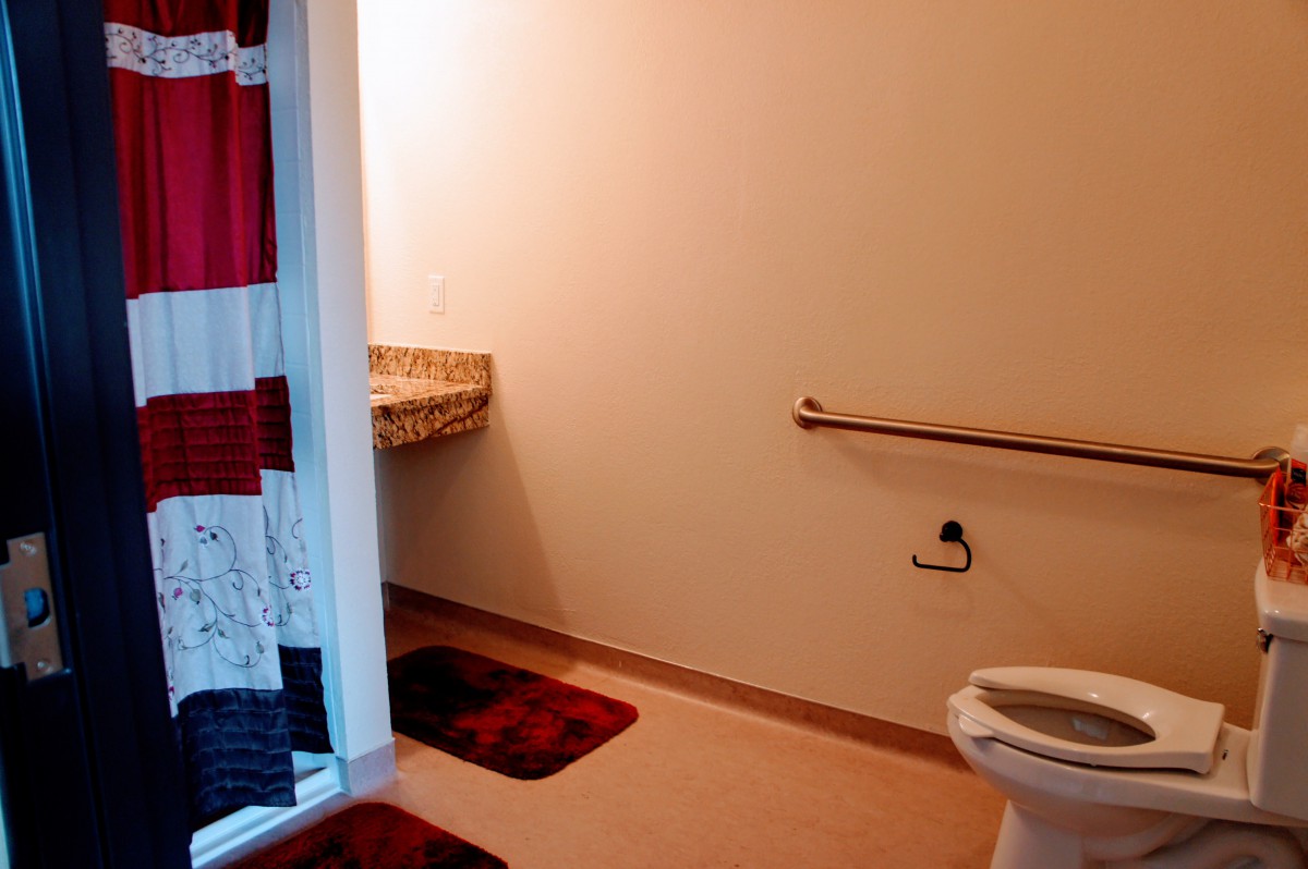 A bathroom with a toilet, sink, grab bar, and decorative bath mats.