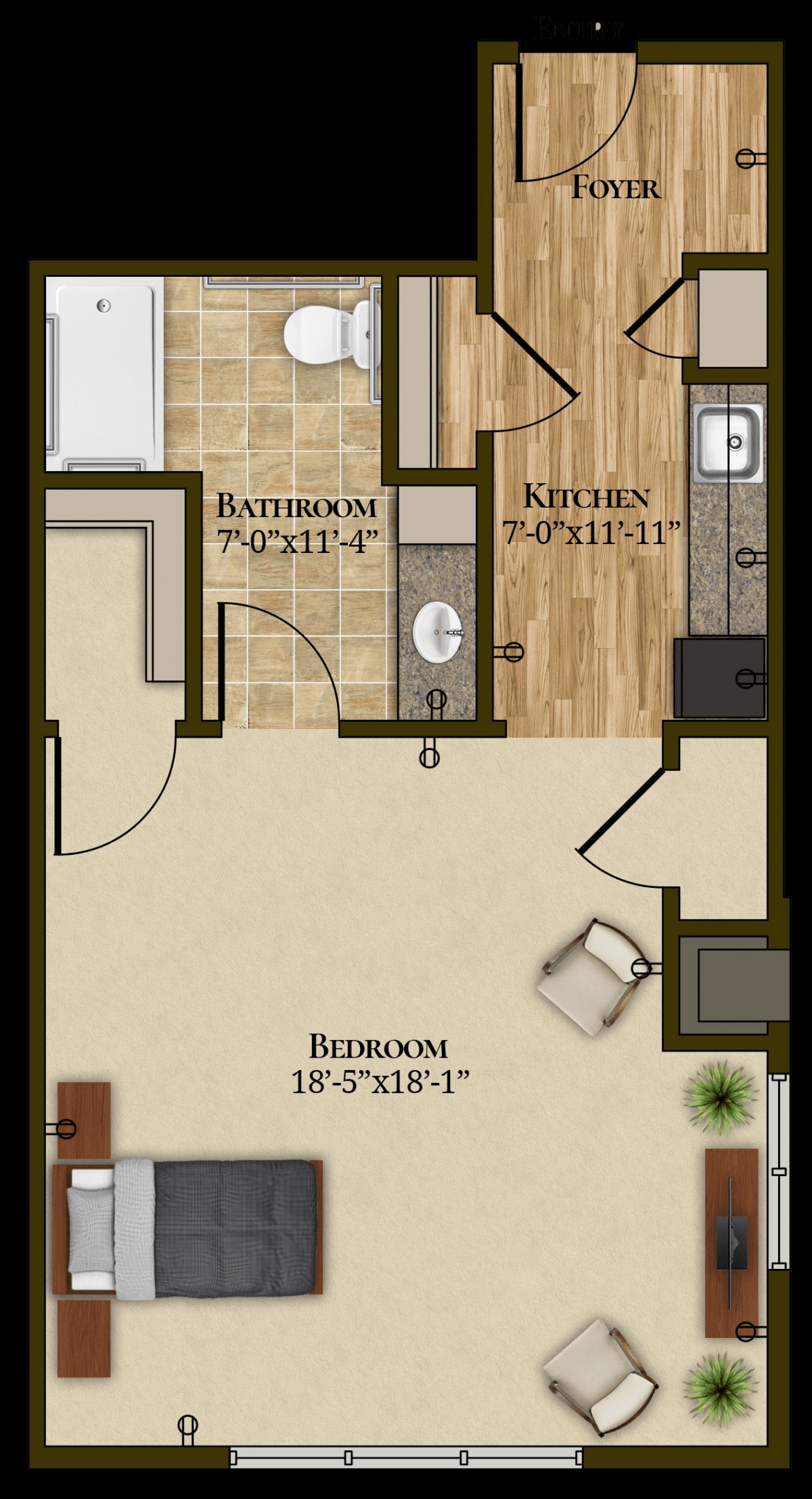 A simple one-bedroom apartment floor plan featuring a kitchen and bathroom.