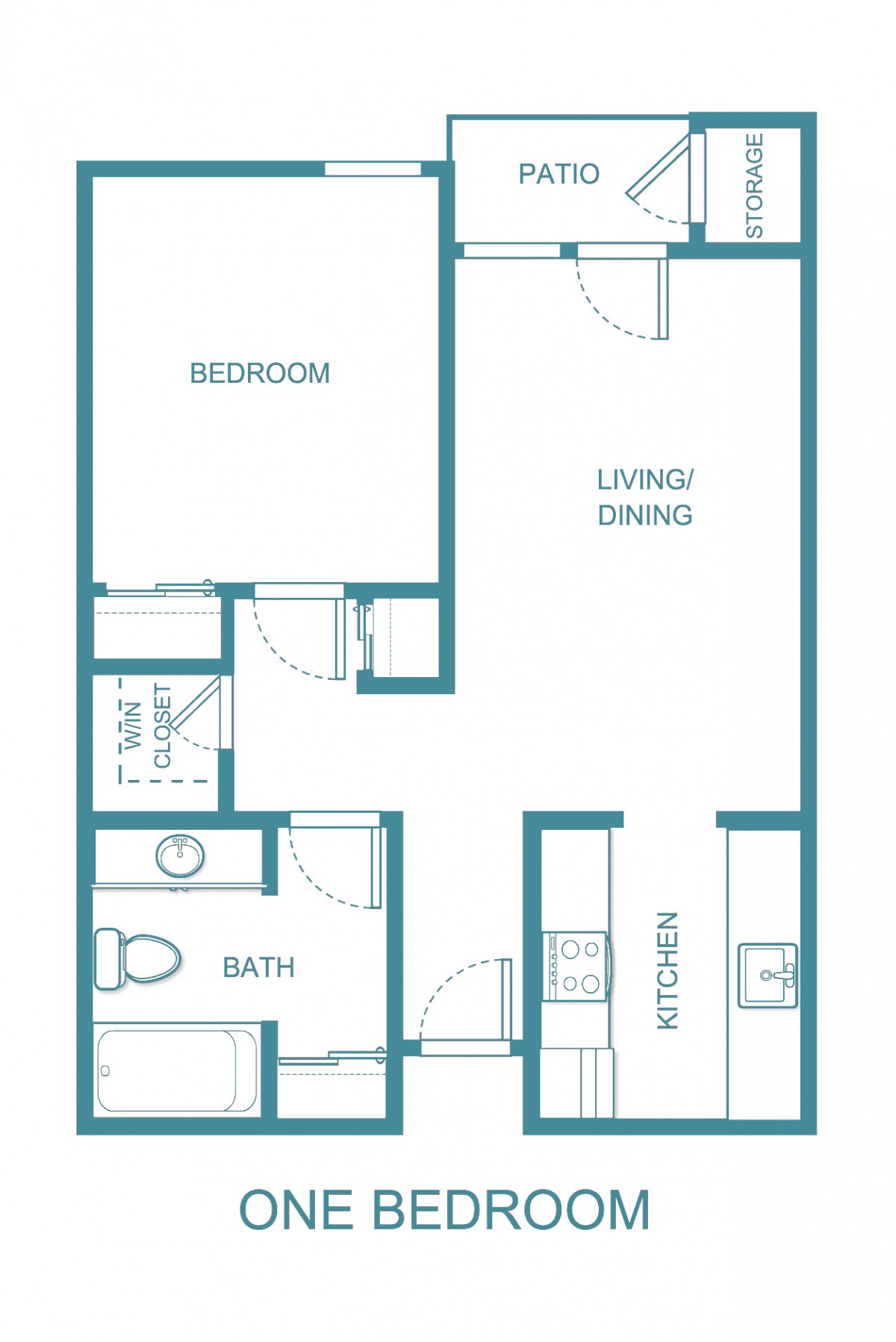 A floor plan of a one-bedroom apartment, including living and dining space, kitchen, and bathroom.