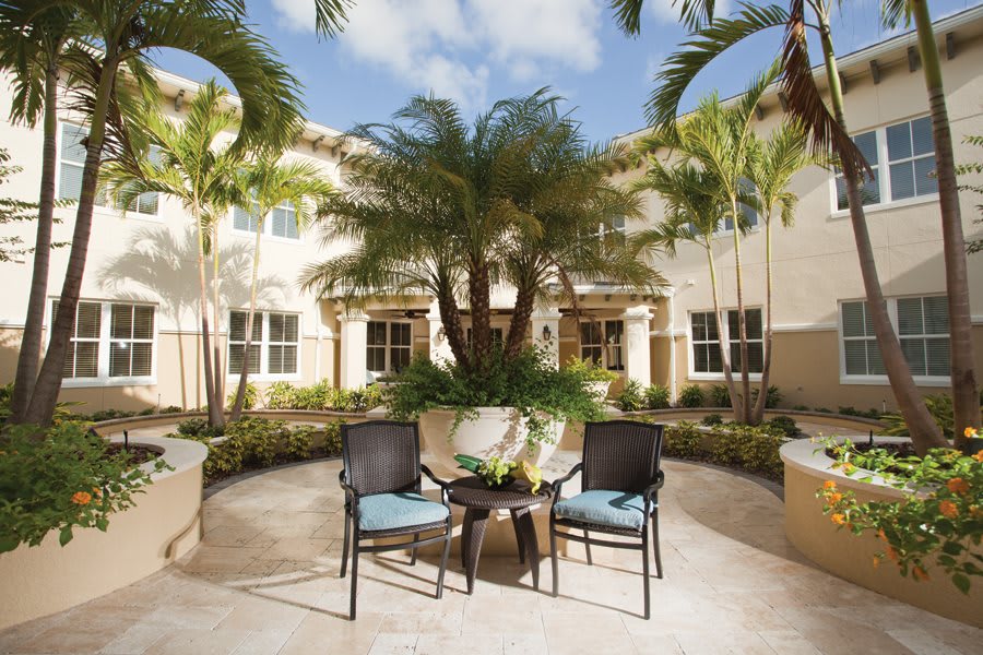A tranquil courtyard featuring palm trees and outdoor seating on a sunny day.