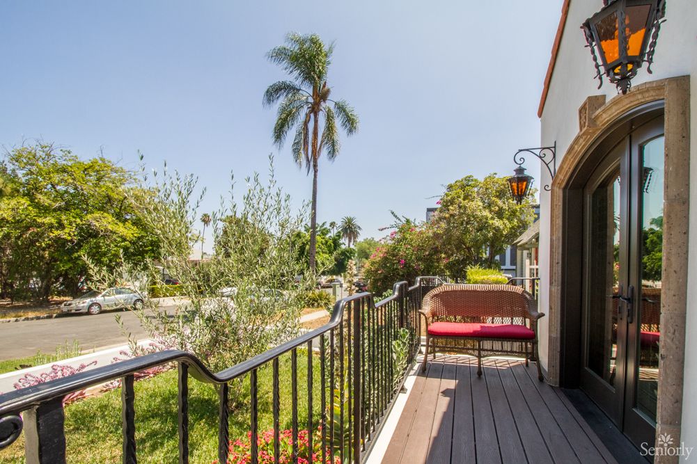 A sunny balcony with a view of a garden and palm tree.