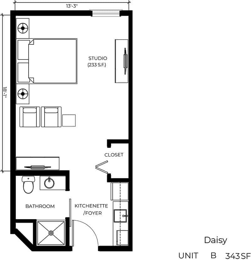 A floor plan of a studio apartment showing the layout with a bathroom, kitchen area, and living/sleeping space.