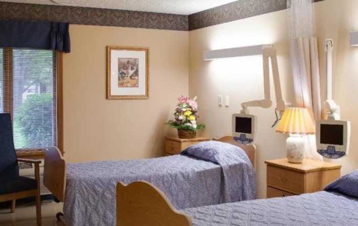 A hospital room with two beds, a small television, and decorative flowers.